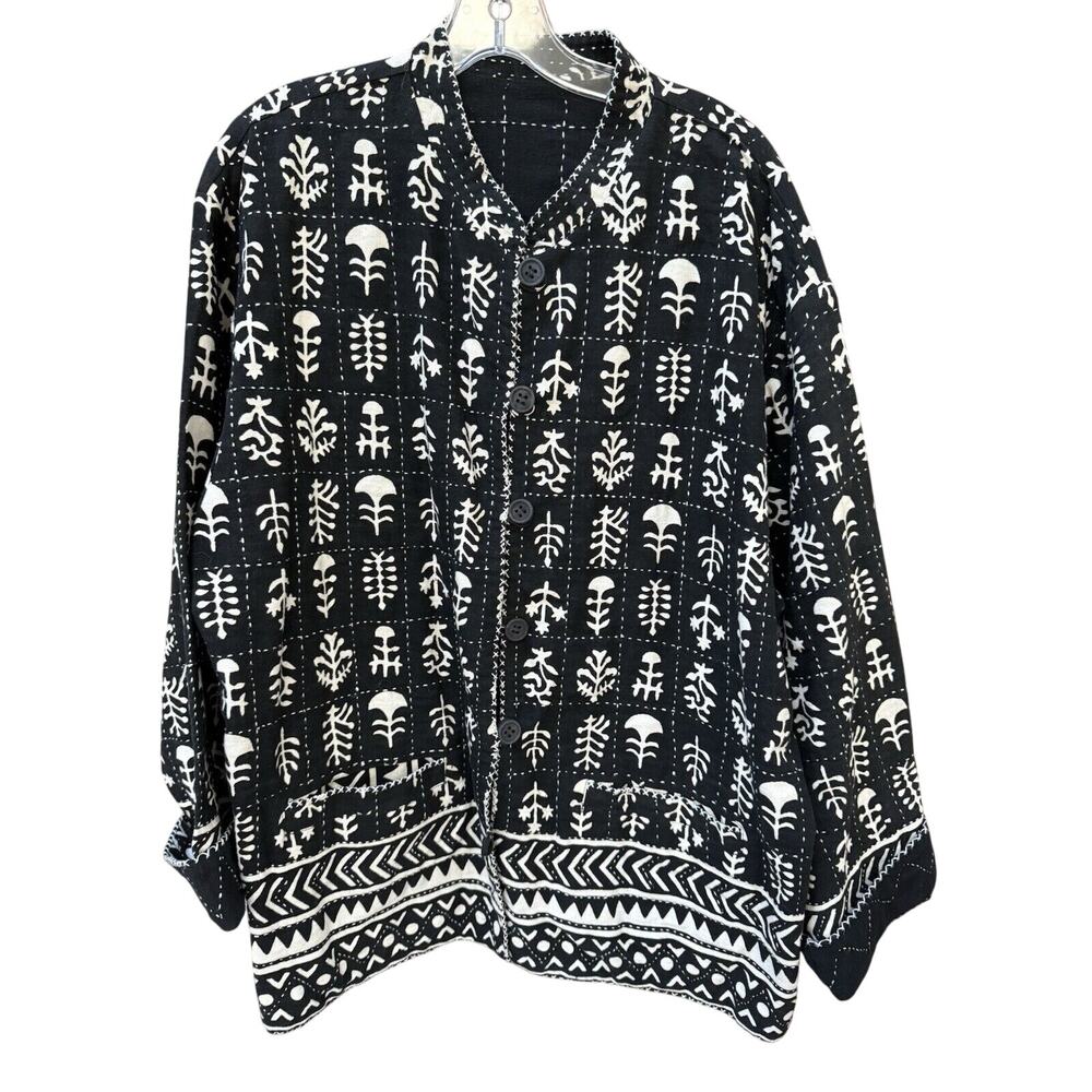 Sam‎ Hilu Art to Wear Jacket Reversible Tribal Button Up Women’s XL Black Cream